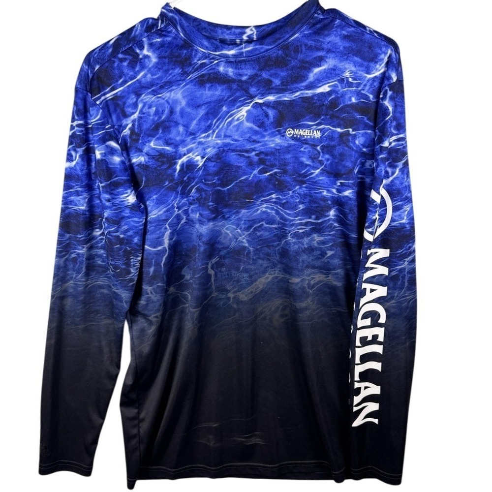 Magellan Outdoors Shirt Mens Small Blue Long Sleeve Fish Gear Water Print